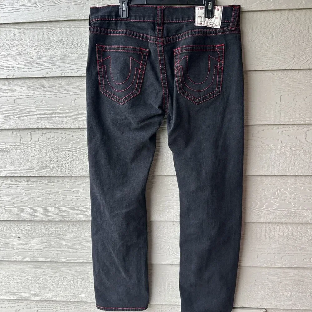 True Religion Ricky Super T Relaxed Straight Jeans Mens 36 Black Red Stitch Flap